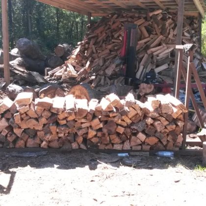 Stacked firewood neatly arranged in front of a log pile under a shelter, surrounded by greenery and sunlight.